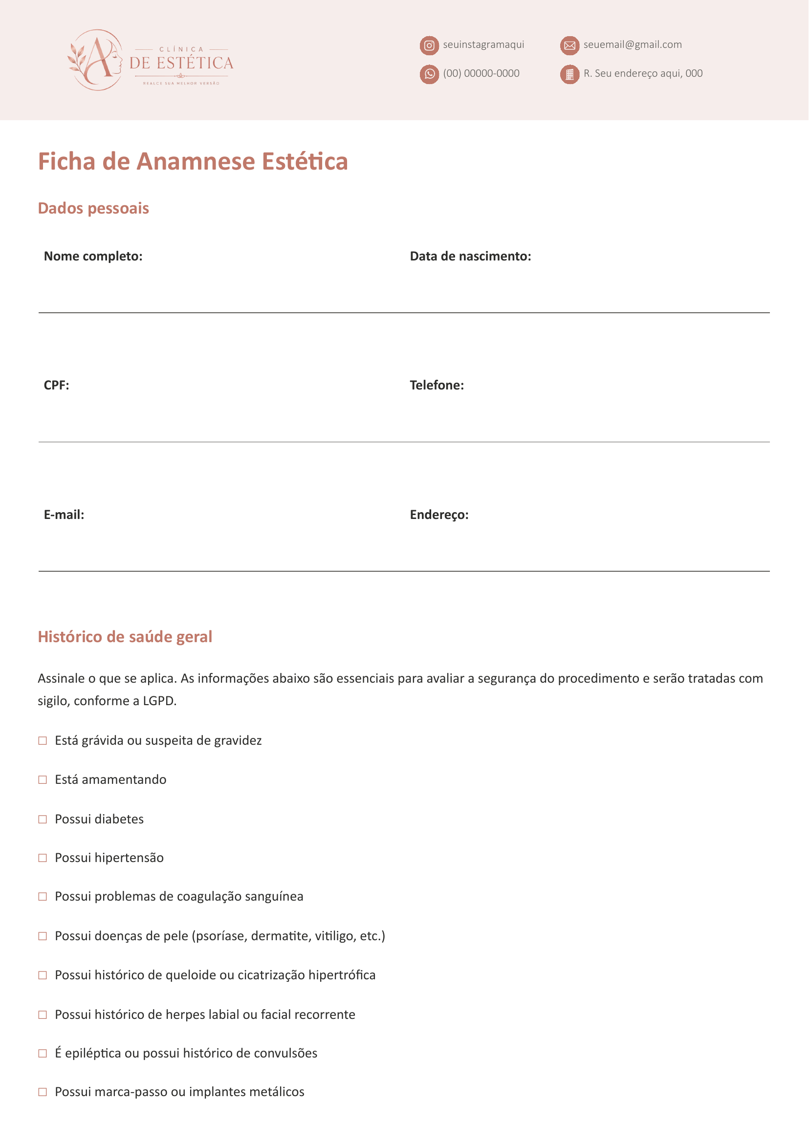 Ficha de Anamnese Estética