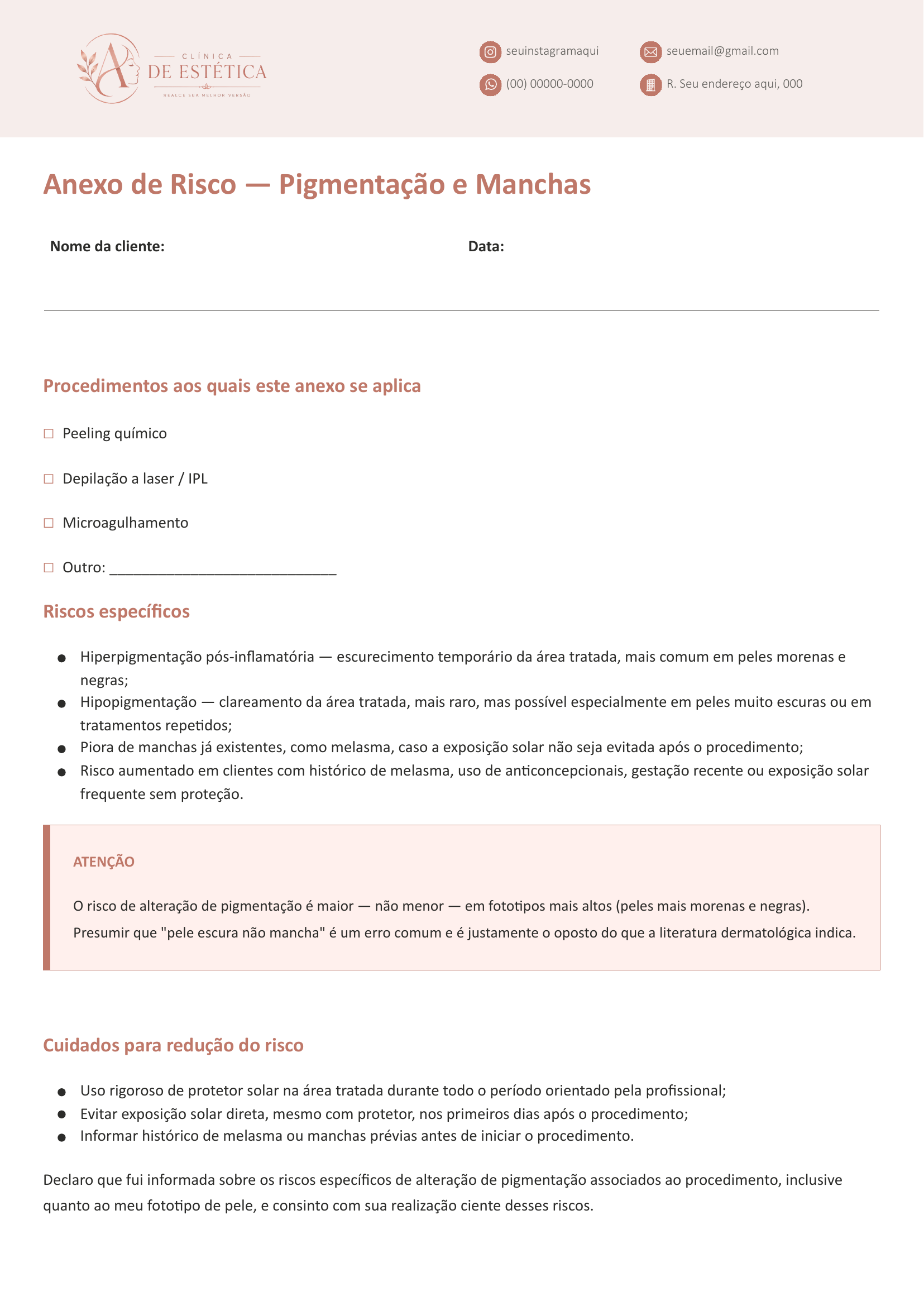 Anexo de Risco — Pigmentação e Manchas